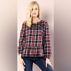 Beach Lunch Lounge Red & Navy Plaid Embroidered Blouse size M Peplum Long Sleeve